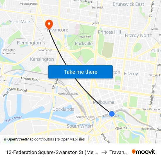 13-Federation Square/Swanston St (Melbourne City) to Travancore map