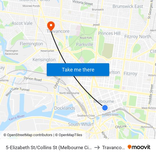 5-Elizabeth St/Collins St (Melbourne City) to Travancore map