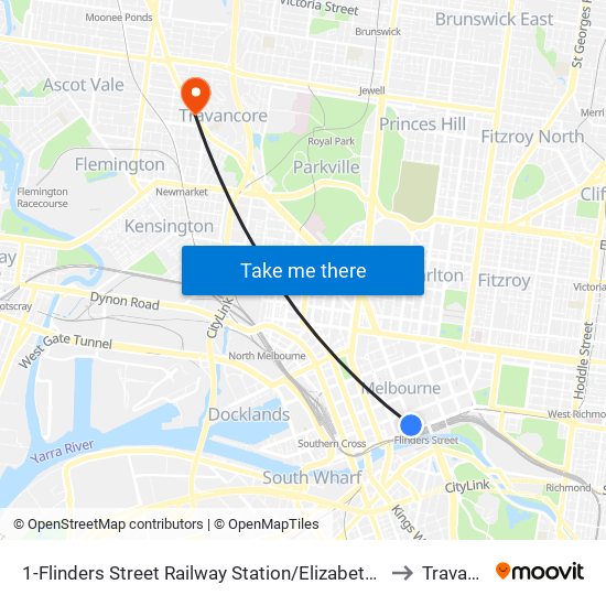 1-Flinders Street Railway Station/Elizabeth St (Melbourne City) to Travancore map