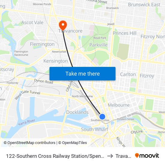 122-Southern Cross Railway Station/Spencer St (Melbourne City) to Travancore map