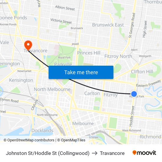 Johnston St/Hoddle St (Collingwood) to Travancore map