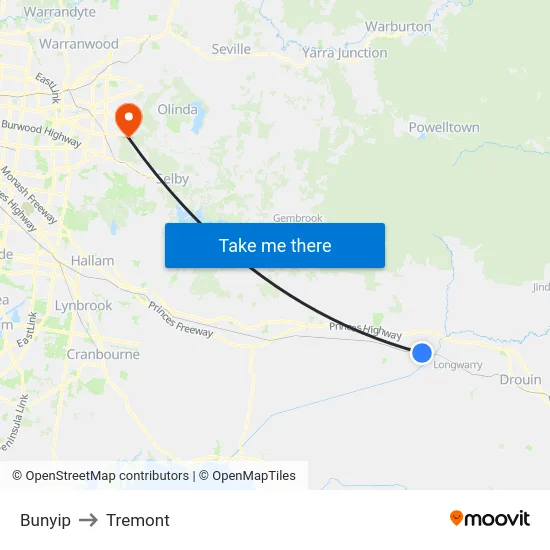 Bunyip to Tremont map