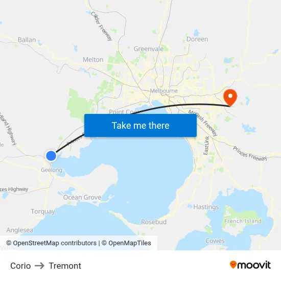 Corio to Tremont map