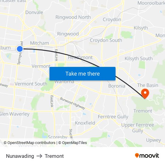 Nunawading to Tremont map