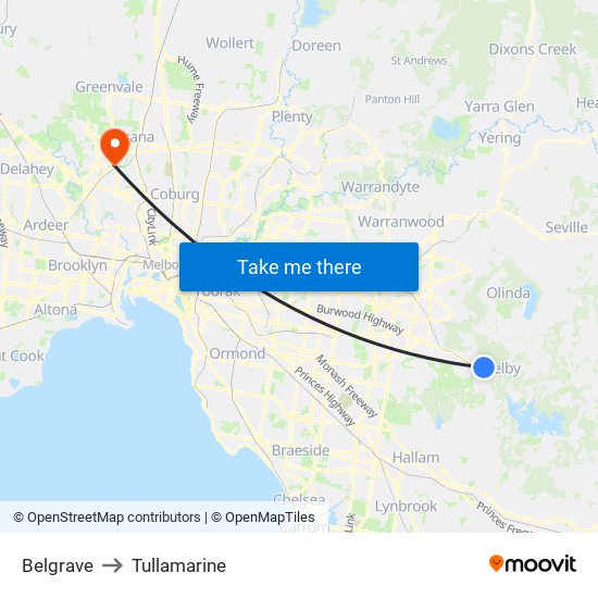 Belgrave to Tullamarine map