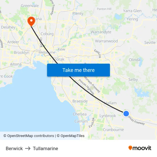 Berwick to Tullamarine map