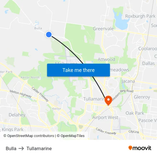 Bulla to Tullamarine map