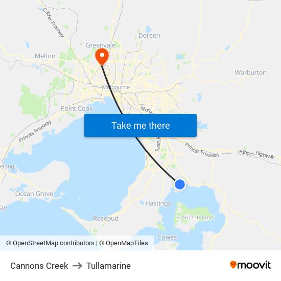 Cannons Creek to Tullamarine map