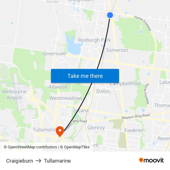 Craigieburn to Tullamarine map