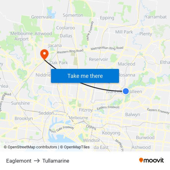 Eaglemont to Tullamarine map