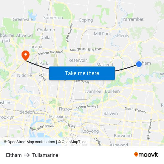 Eltham to Tullamarine map