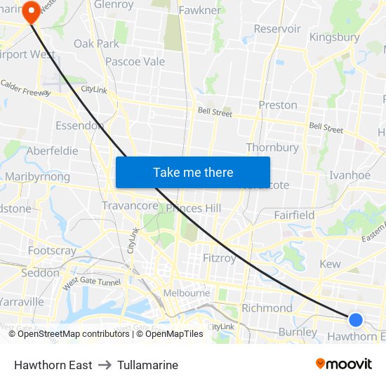 Hawthorn East to Tullamarine map