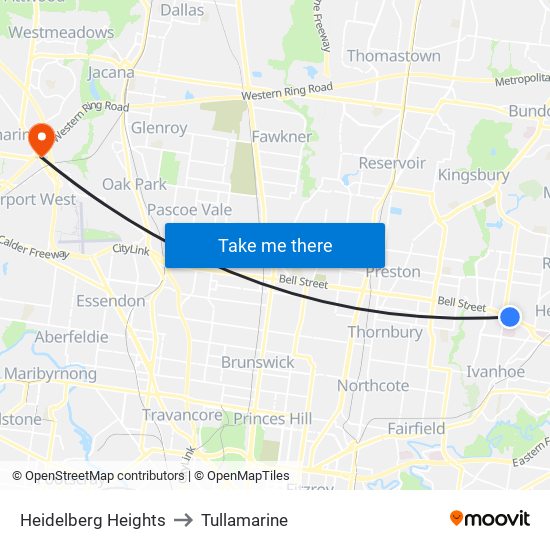 Heidelberg Heights to Tullamarine map