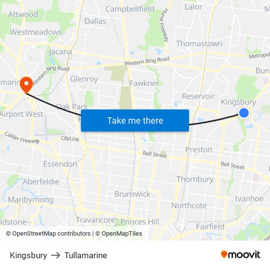 Kingsbury to Tullamarine map