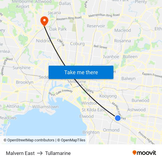 Malvern East to Tullamarine map