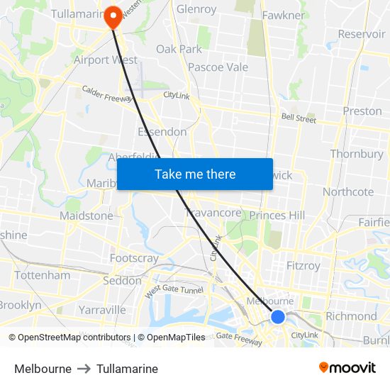 Melbourne to Tullamarine map