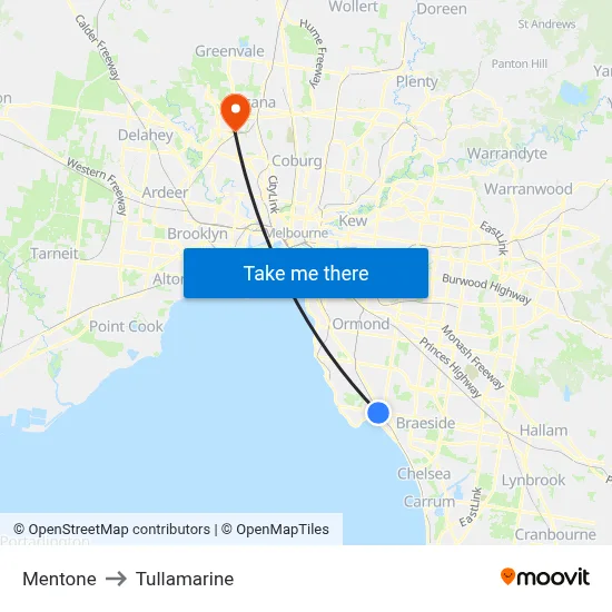 Mentone to Tullamarine map