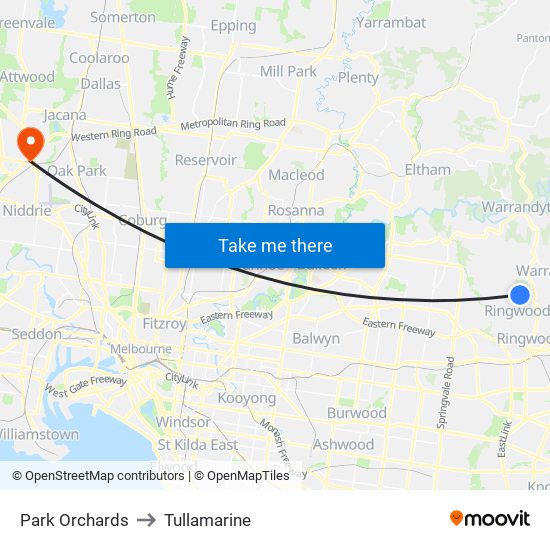 Park Orchards to Tullamarine map