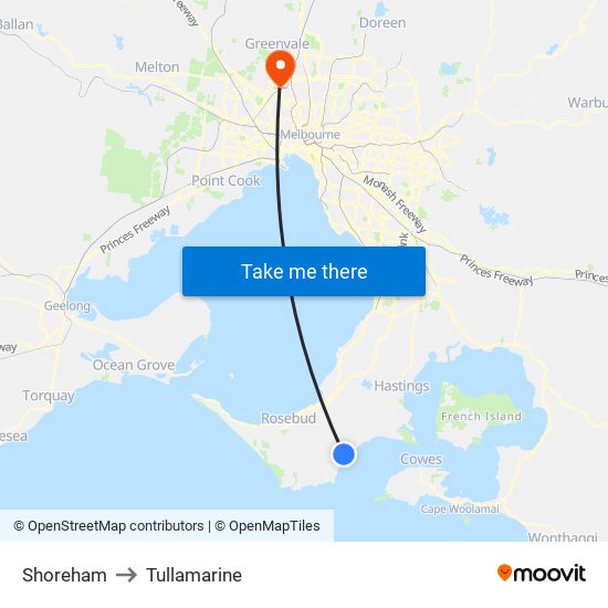 Shoreham to Tullamarine map