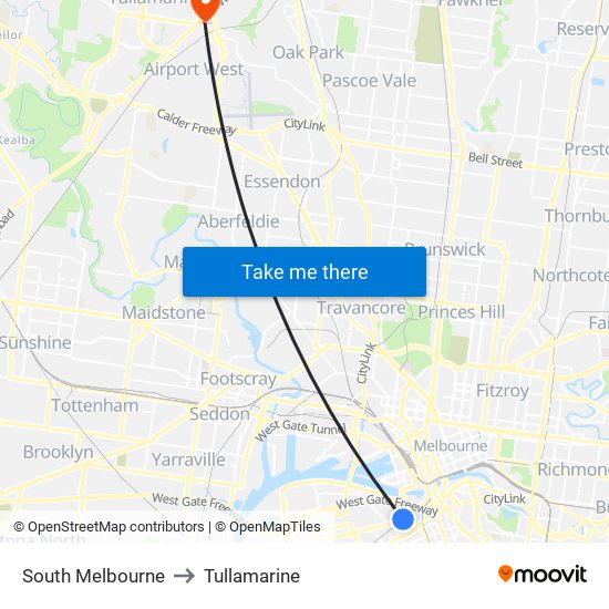 South Melbourne to Tullamarine map