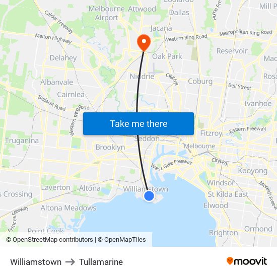 Williamstown to Tullamarine map