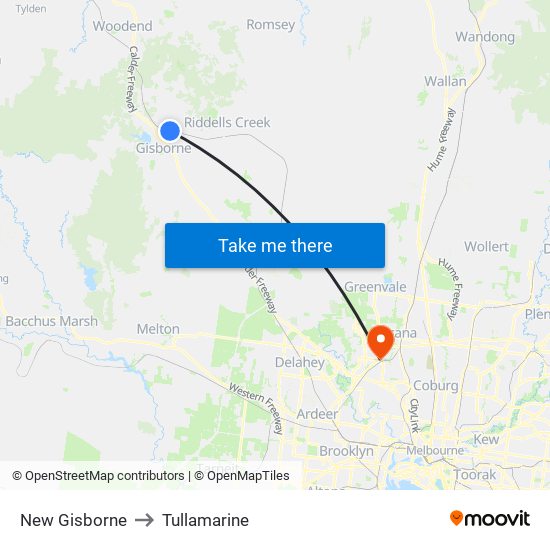 New Gisborne to Tullamarine map
