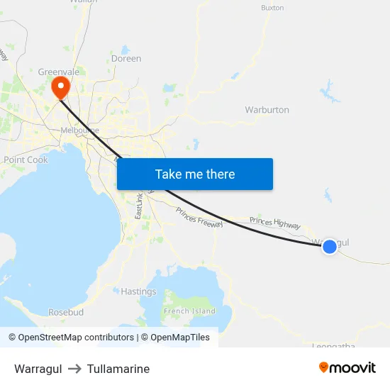 Warragul to Tullamarine map