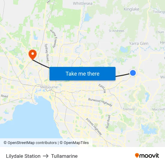Lilydale Station to Tullamarine map