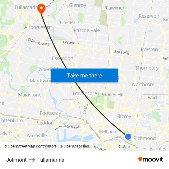 Jolimont to Tullamarine map