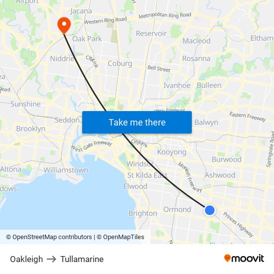 Oakleigh to Tullamarine map