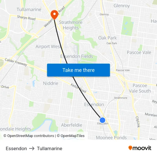 Essendon to Tullamarine map
