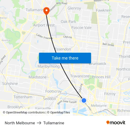 North Melbourne to Tullamarine map