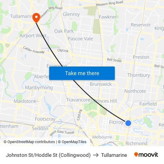 Johnston St/Hoddle St (Collingwood) to Tullamarine map