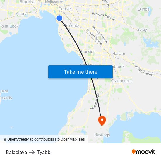 Balaclava to Tyabb map