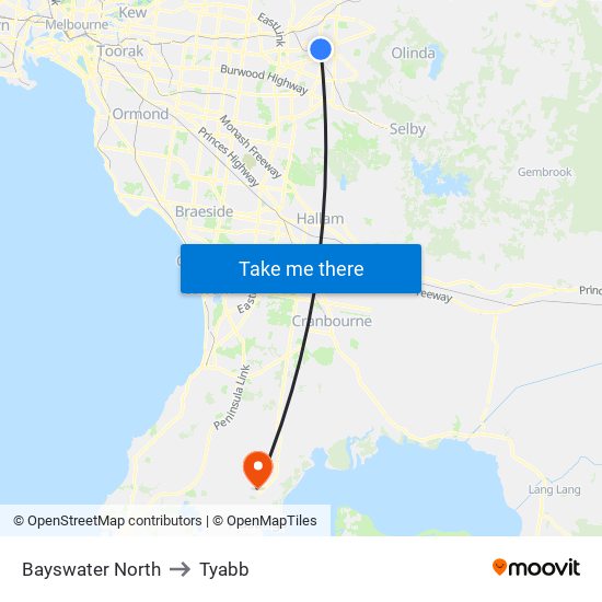Bayswater North to Tyabb map
