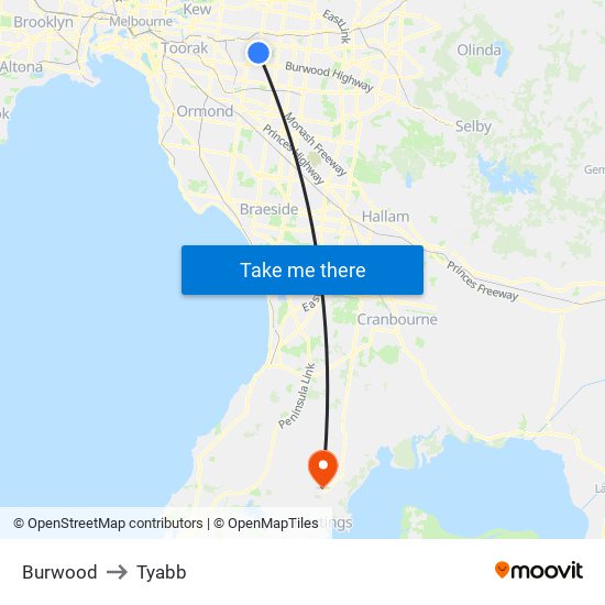 Burwood to Tyabb map