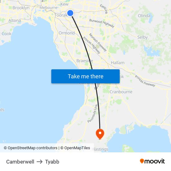 Camberwell to Tyabb map