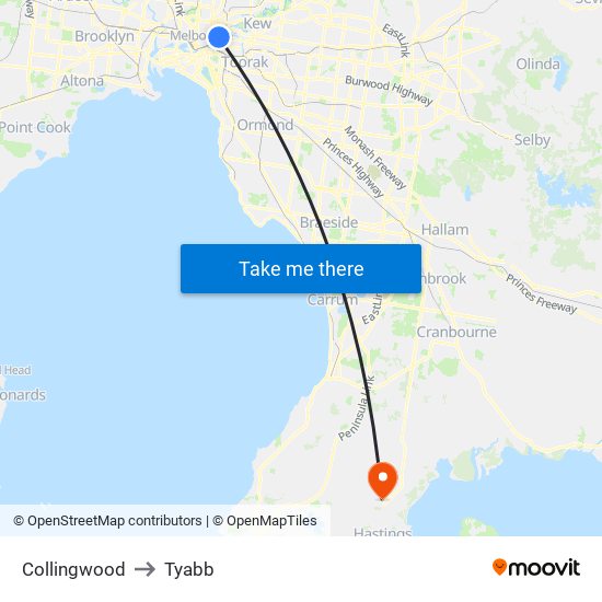 Collingwood to Tyabb map