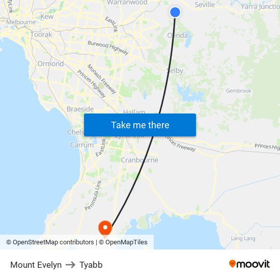 Mount Evelyn to Tyabb map