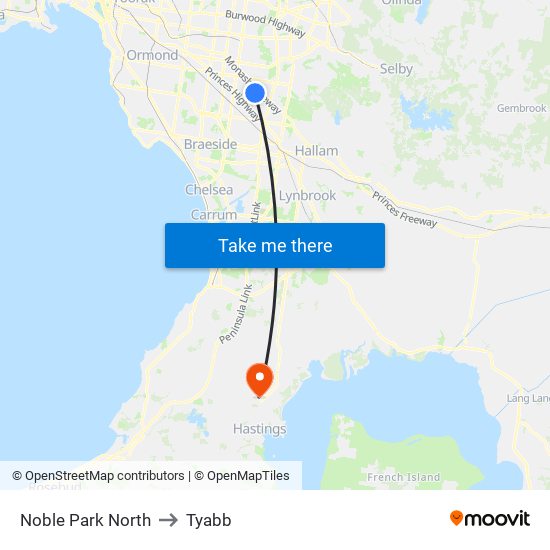 Noble Park North to Tyabb map