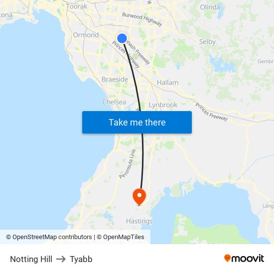 Notting Hill to Tyabb map