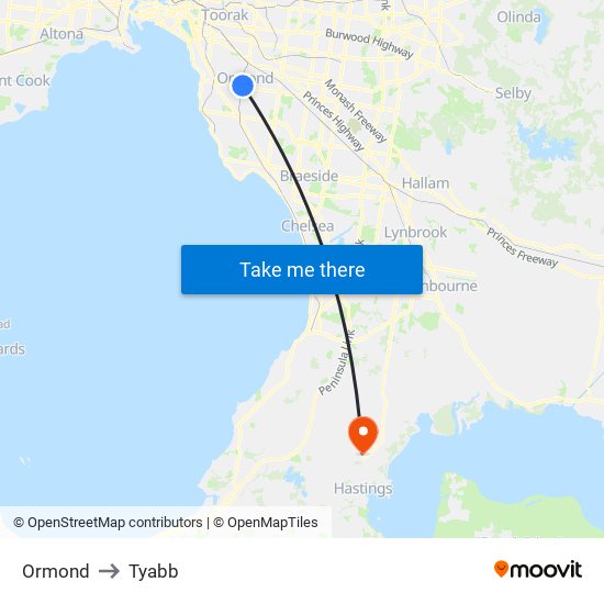 Ormond to Tyabb map