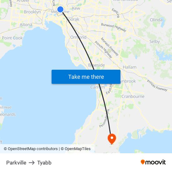 Parkville to Tyabb map