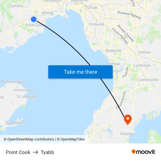 Point Cook to Tyabb map