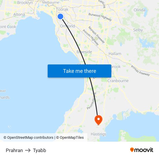 Prahran to Tyabb map