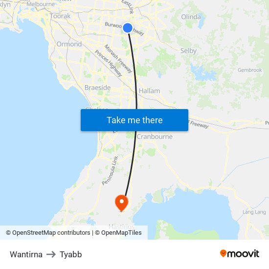 Wantirna to Tyabb map