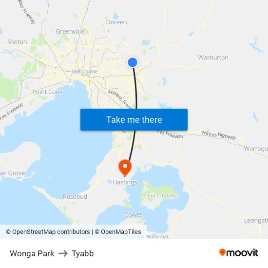 Wonga Park to Tyabb map