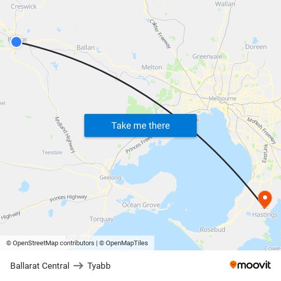 Ballarat Central to Tyabb map