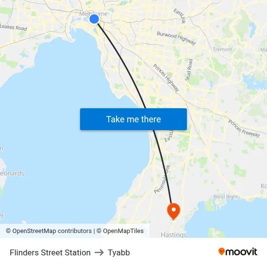 Flinders Street Station to Tyabb map