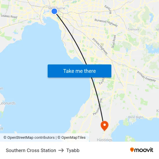 Southern Cross Station to Tyabb map